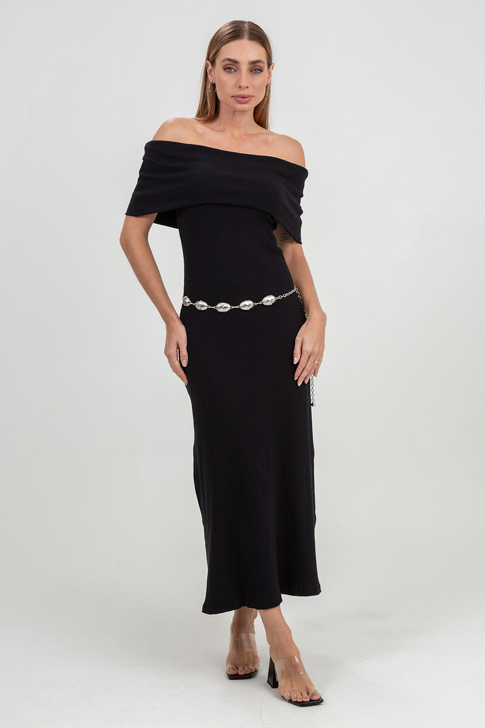 Vestido Ombro a Ombro Midi Godê em Malha Canelada de Algodão