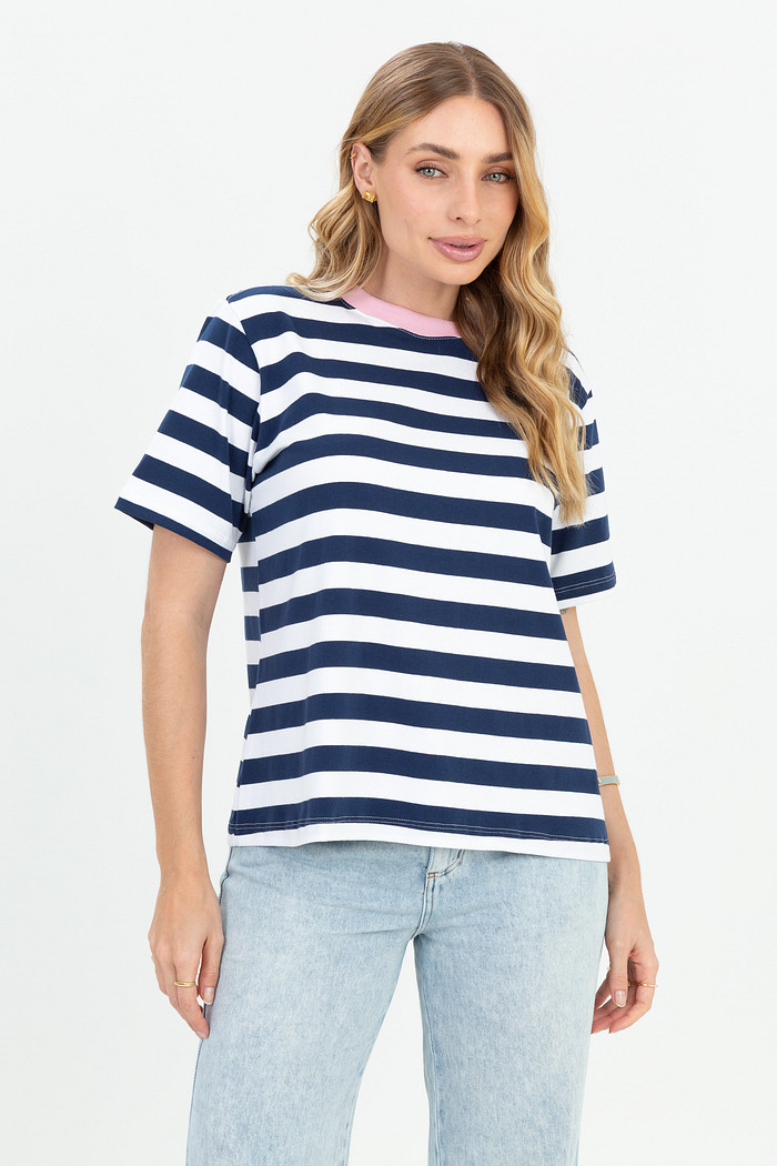 T-shirt Over com Gola de Ribana Colorida