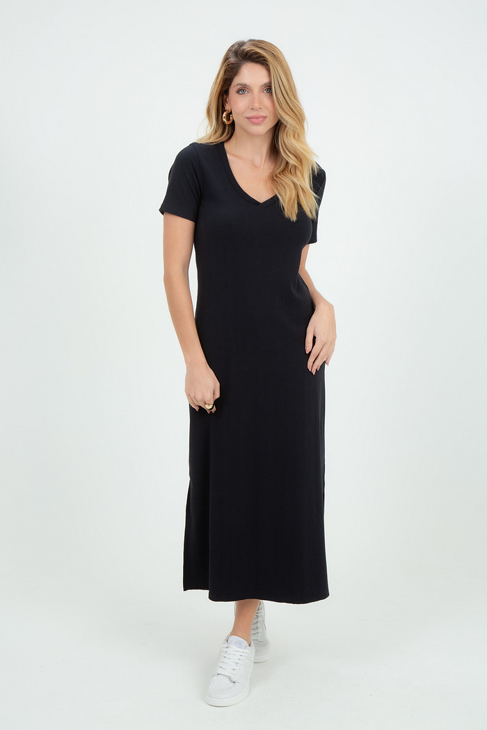 Vestido Feminino Canelado Solto Midi com Decote V e Fenda Lateral