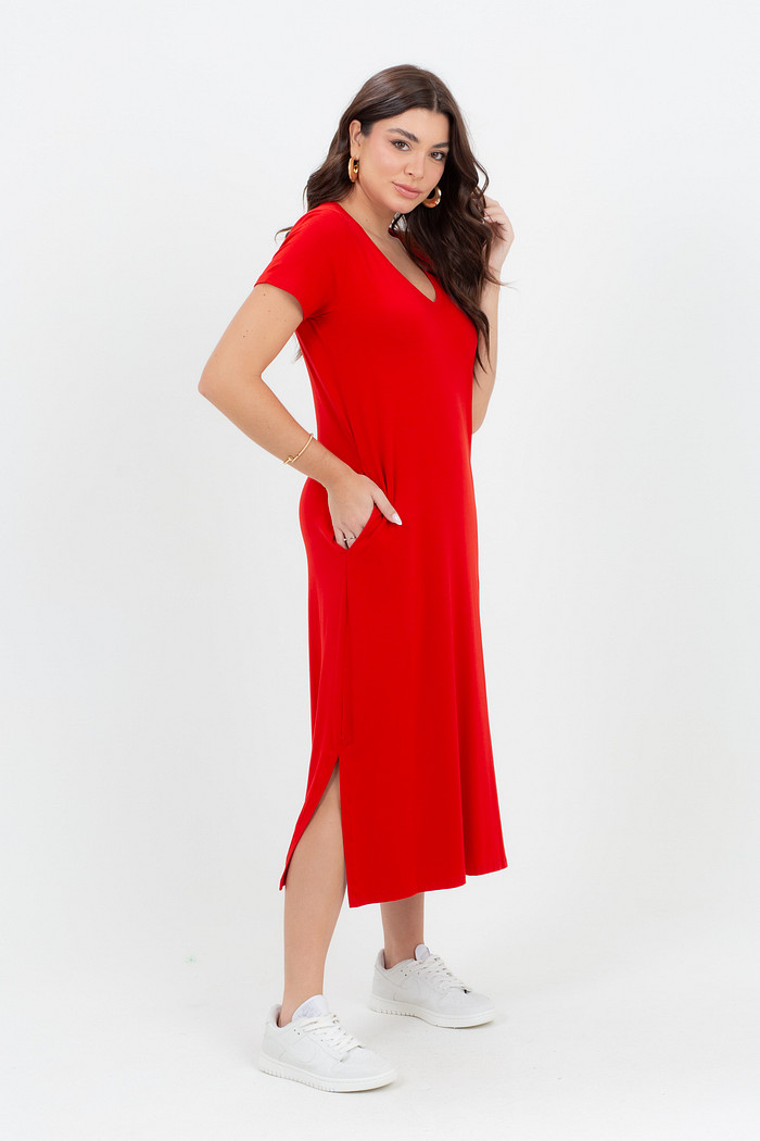 Vestido Feminino Viscolycra Solto Midi com Bolsos Leve