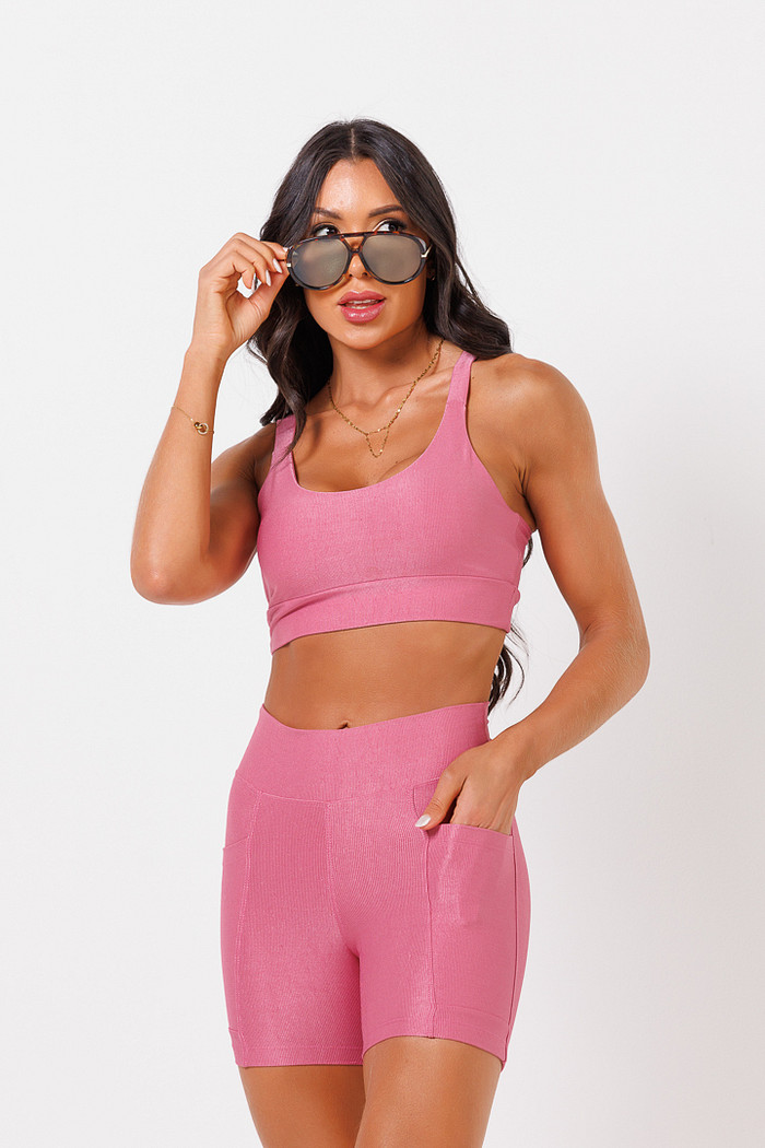 Conjunto Top + Shorts com Bolso Canelado Rosa Blush