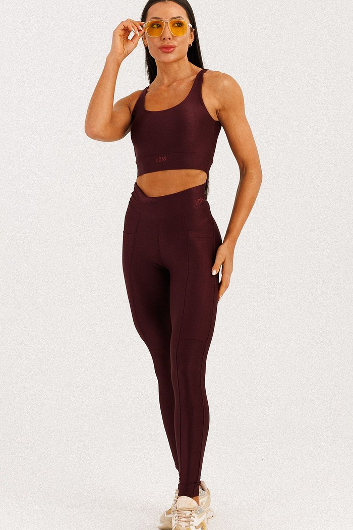 Conjunto Top Alongado + Legging com Bolso Canelado Ameixa