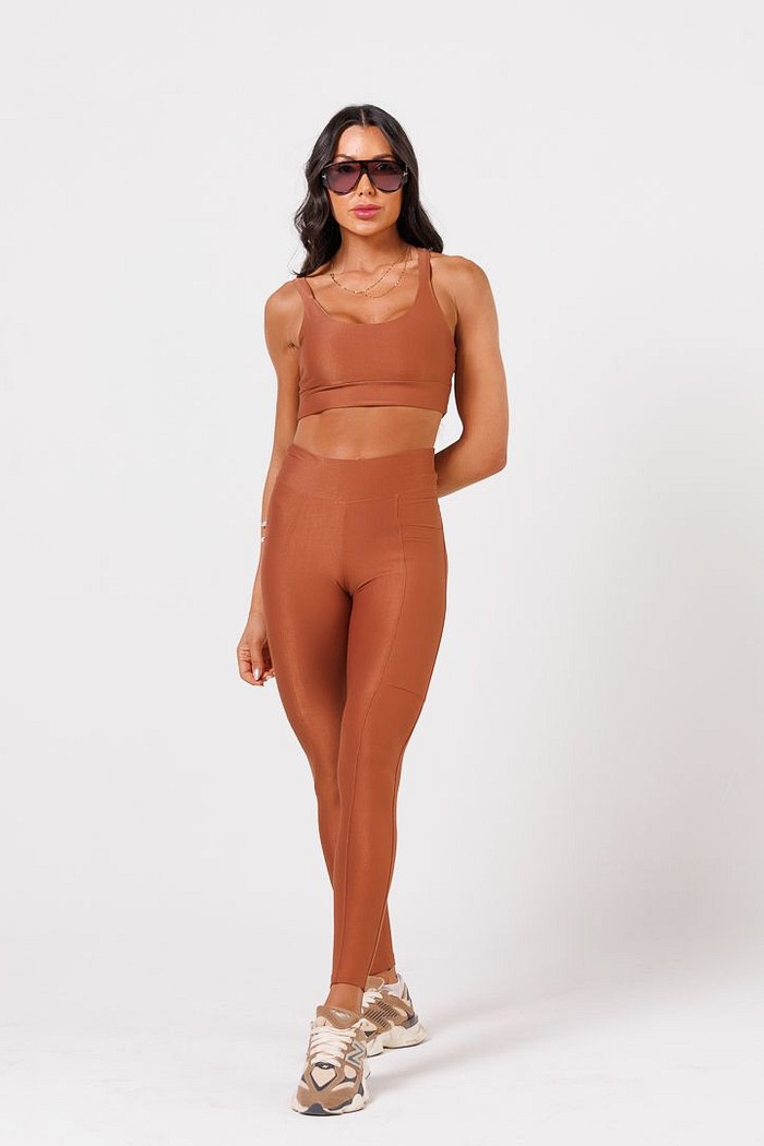 Conjunto Top + Legging com Bolso Canelado Bronze