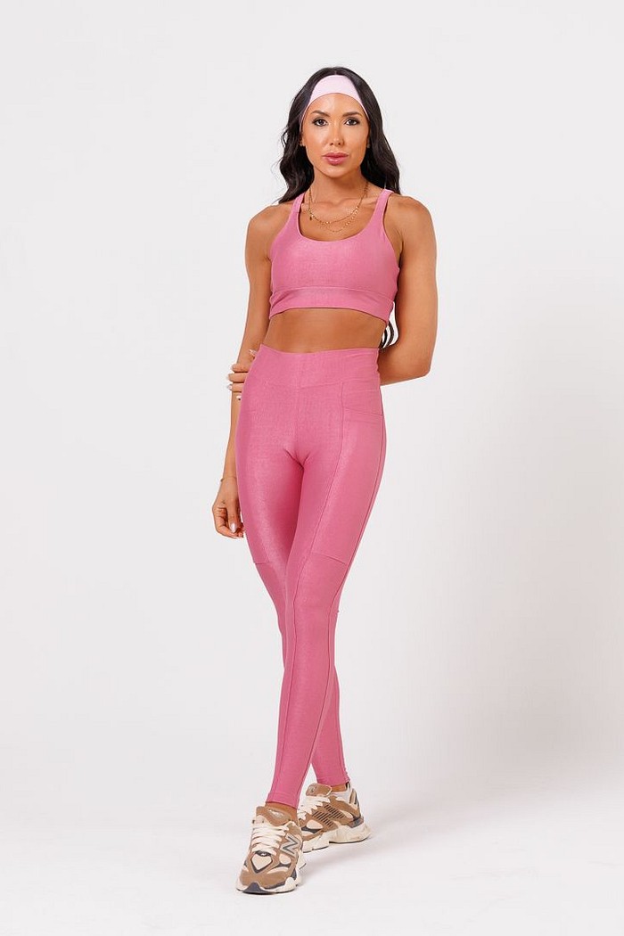 Conjunto Top + Legging com Bolso Canelado Rosa Blush