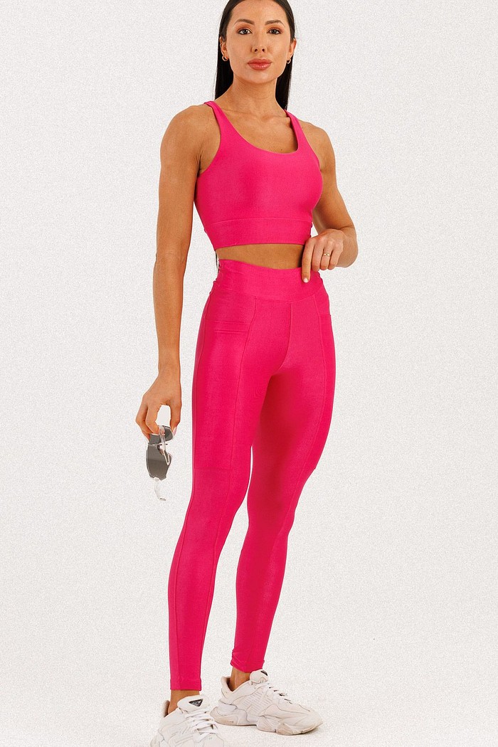 Conjunto Top Alongado + Legging com Bolso Canelado Rosa Ruby