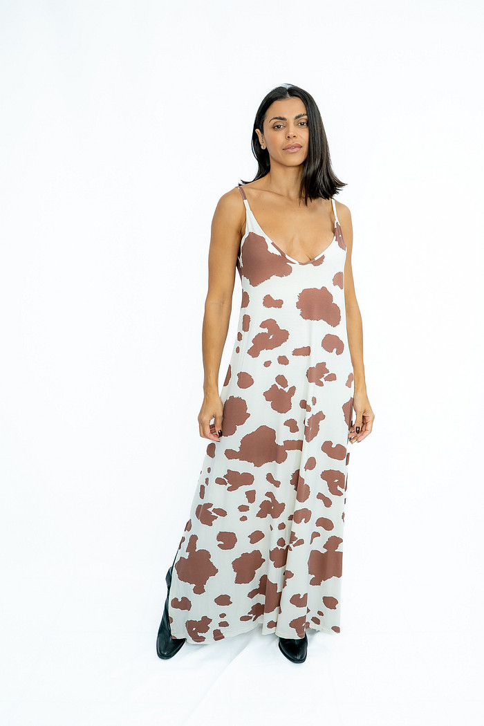 Vestido Malha Estampa Vaca Bege