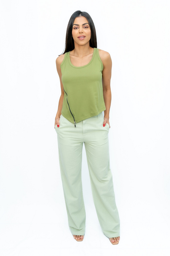 Calça Reta Linho Collor Verde Lênis