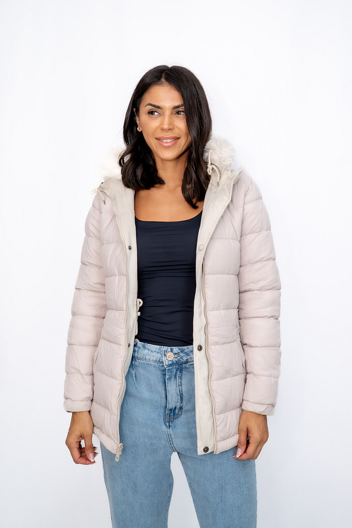 Parka Dupla Face Nylon e Veludo com Capuz Bege