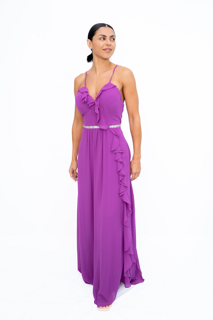 Vestido Longo Babados e Strass Fúcsia