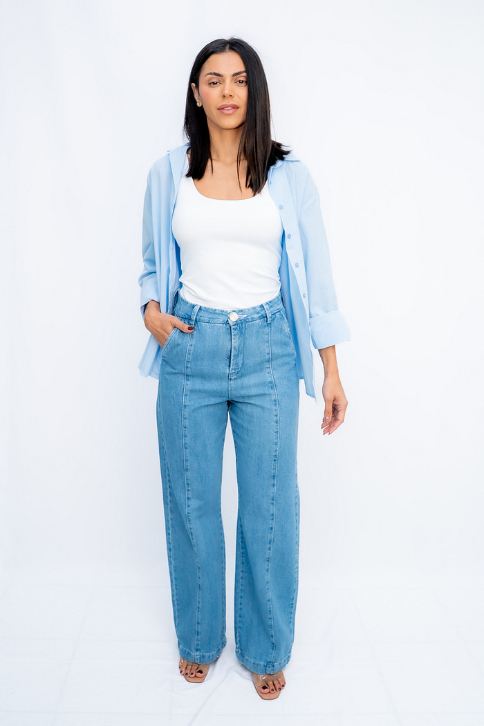 Calça Wide Leg  Modelo Afaiataria Jeans Bana Bana