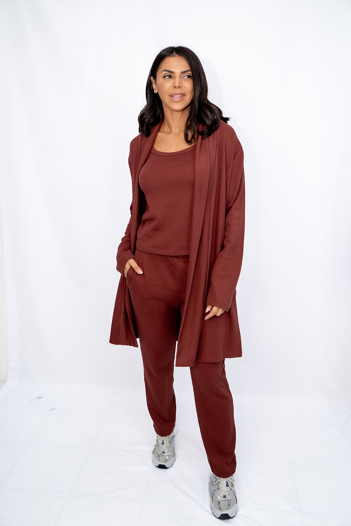 Calça Malha Canelada Reta Chocolate Ramo Selvagem