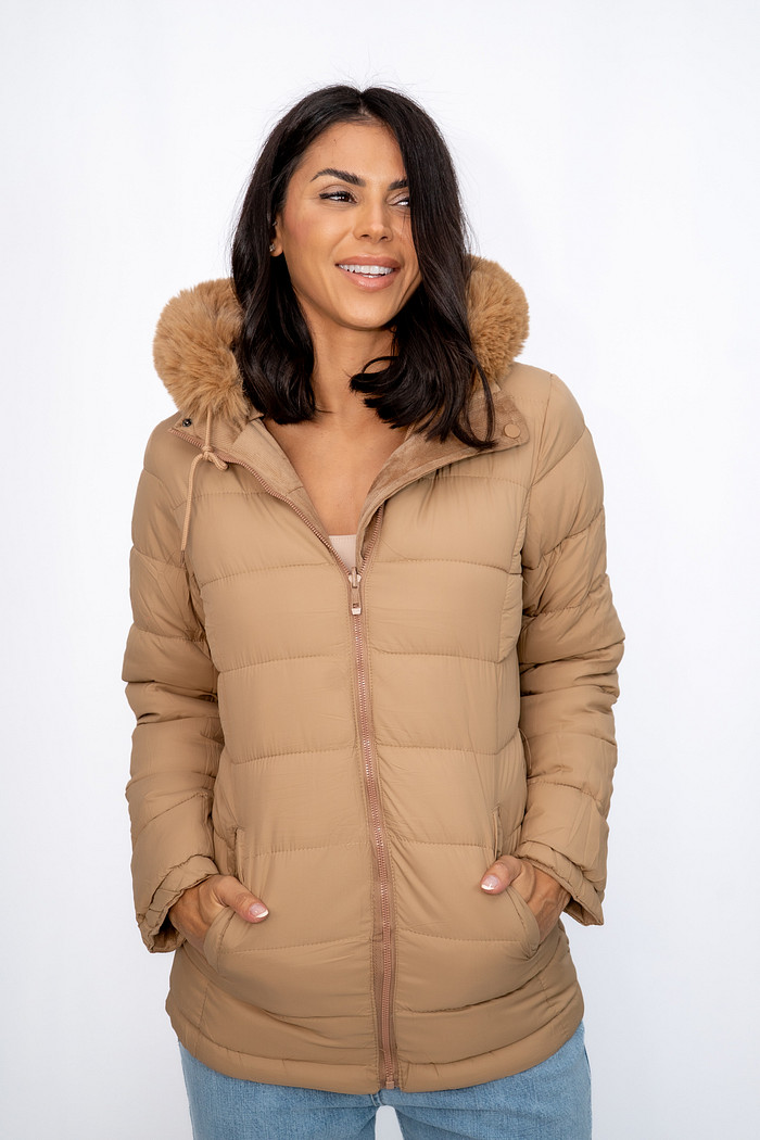 Parka Dupla Face Nylon e Veludo com Capuz Caramelo