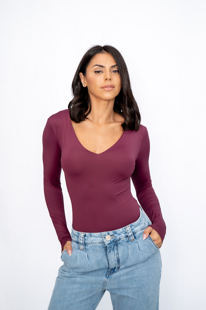 Body Liso Decote V Manga Longa Marsala Bana Bana