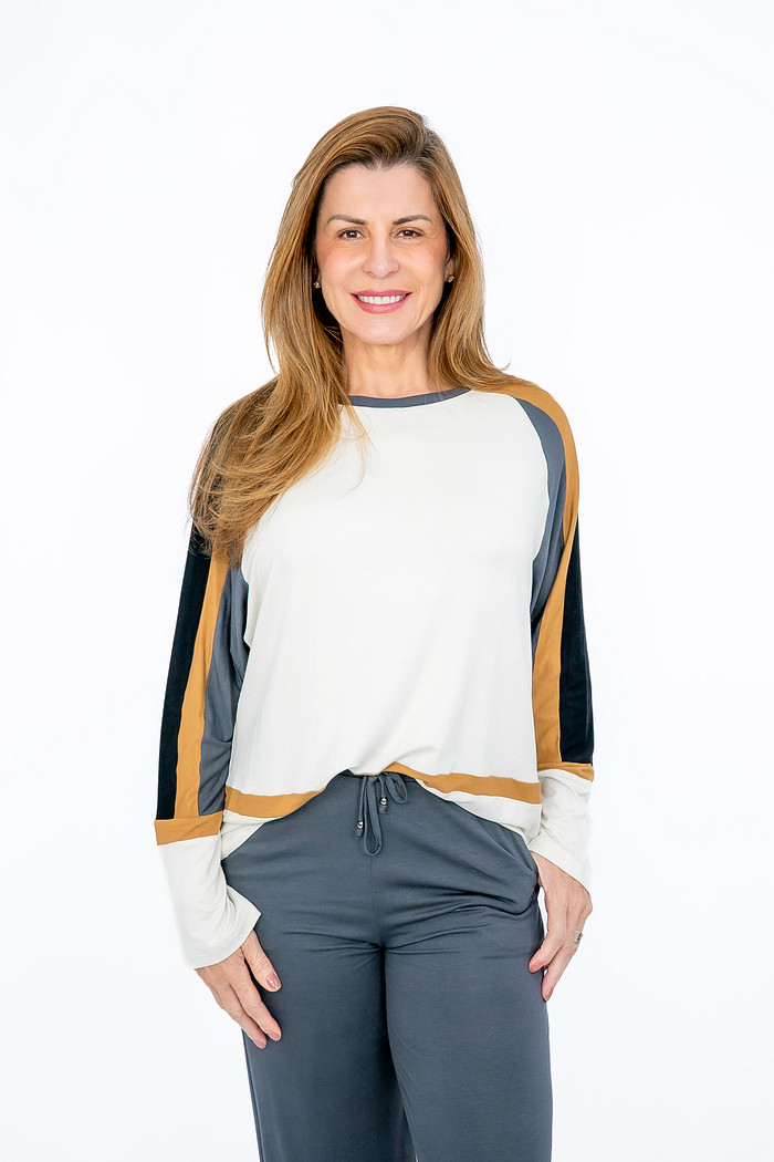 Blusa Malha Manga Raglan Bege Ramo Selvagem