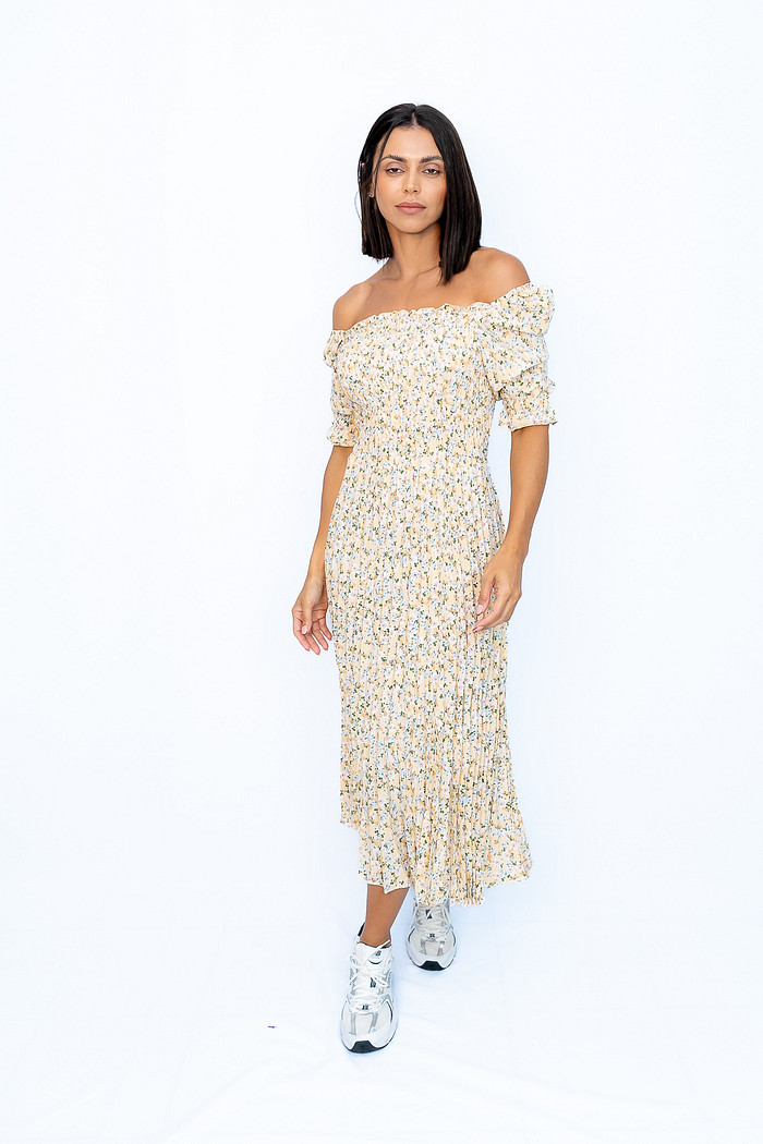 Vestido Plissado Floral Amarelo