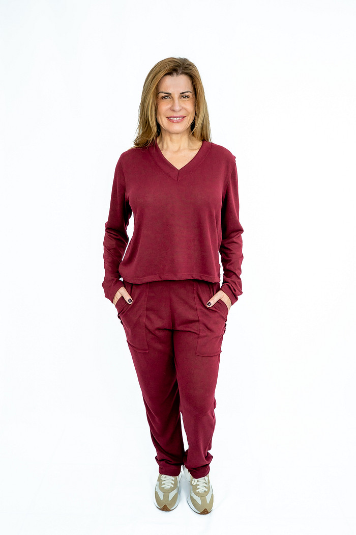 Conjunto Agasalho Calça Reta Decote V Marsala