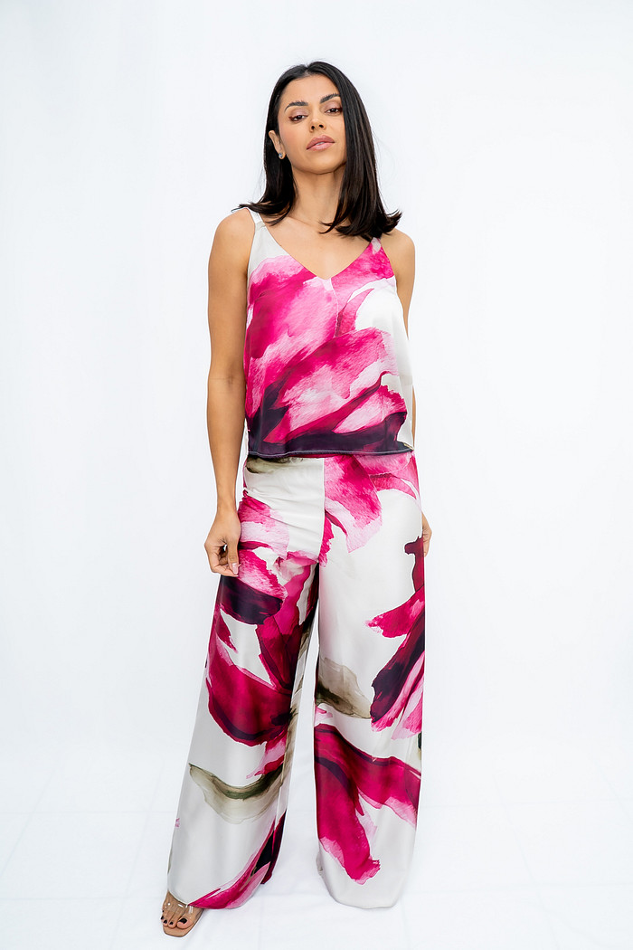 Calça Pantalona Estampada Orquídea Ramo Selvagem