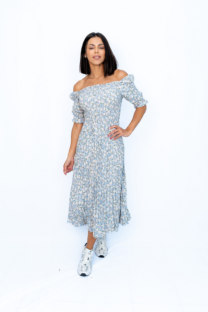 Vestido Plissado Floral Azul