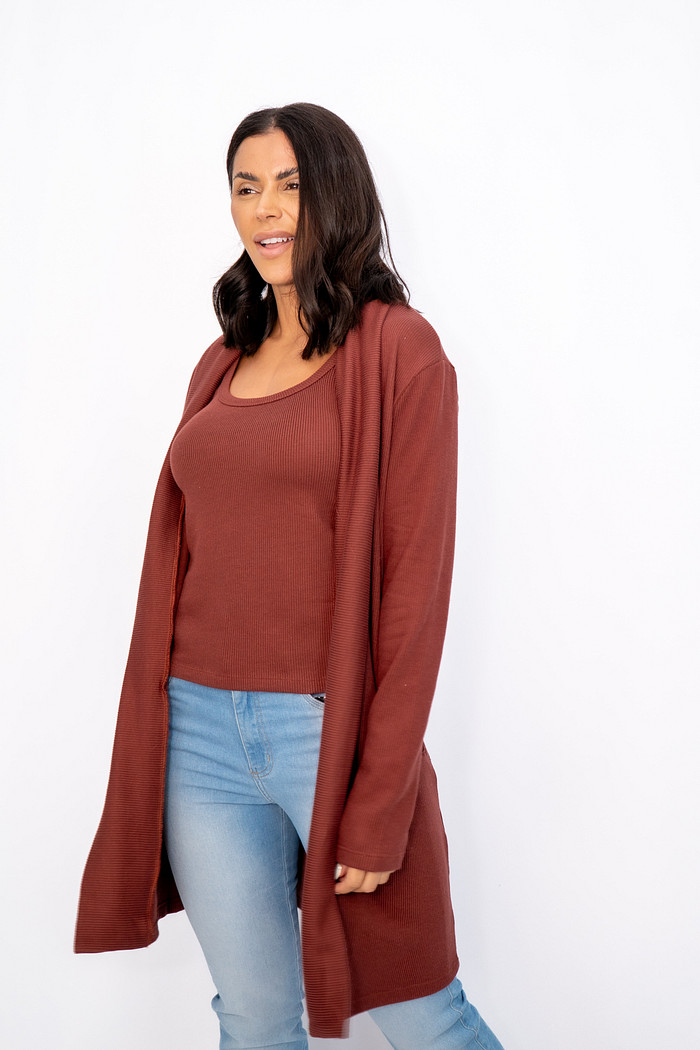 Casaco Malha Canelado Alongado com Bolsos Chocolate Ramo Selvagem
