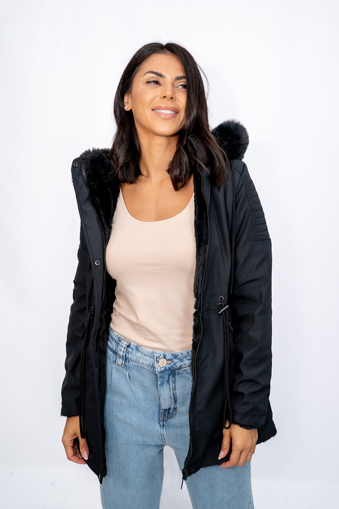 Parka Dupla Face Nylon e Pelo com Capuz Preta