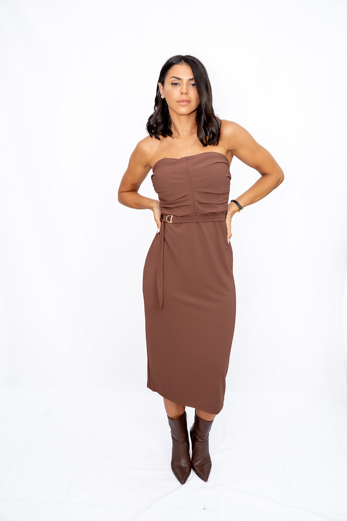 Vestido Midi Tomara que Caia com Cinto Marrom Bana Bana