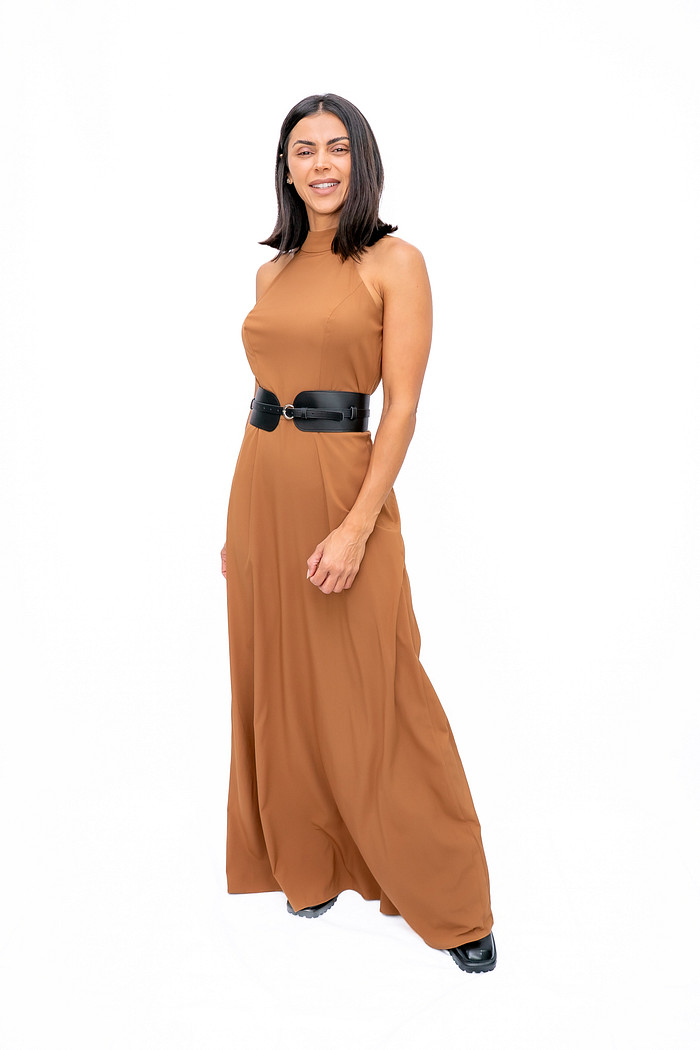 Vestido Longo Tecido com Cinto Coffee Bana Bana