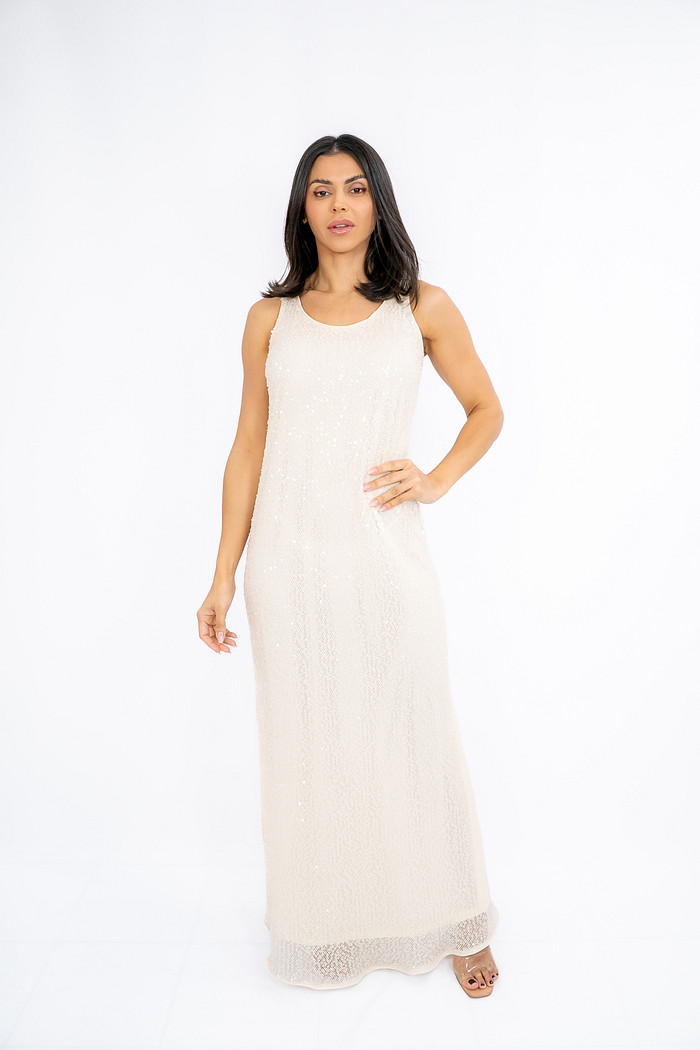 Vestido Longo Paête com Forro Bege Ramo Selvagem