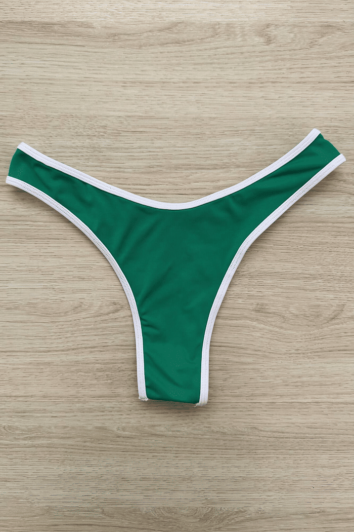 Calcinha Biquíni Fio Dental Asa Delta Maya Brisa VIBE BIKINIS Calcinha de biquíni Maya Brisa VIBE BIKINIS estilo fio dental, cor verde com viés branco, vista de cima