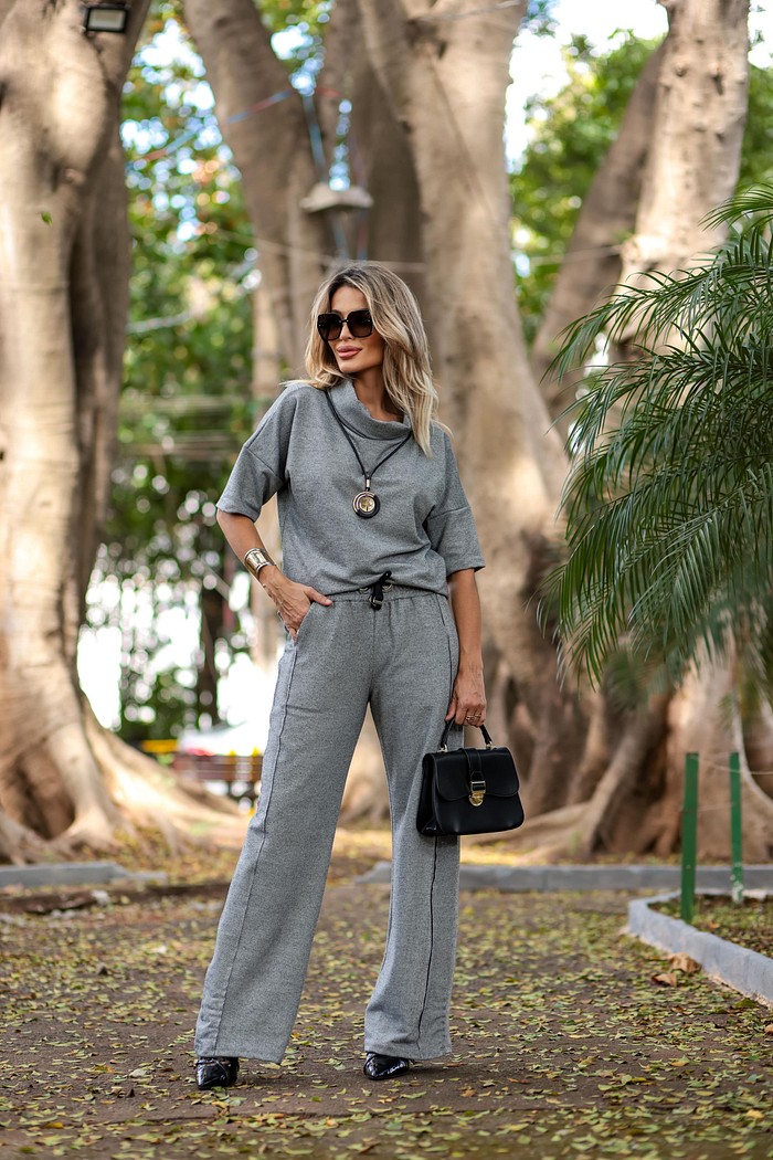 Conjunto Ariel gola role e cadarço Cinza mescla