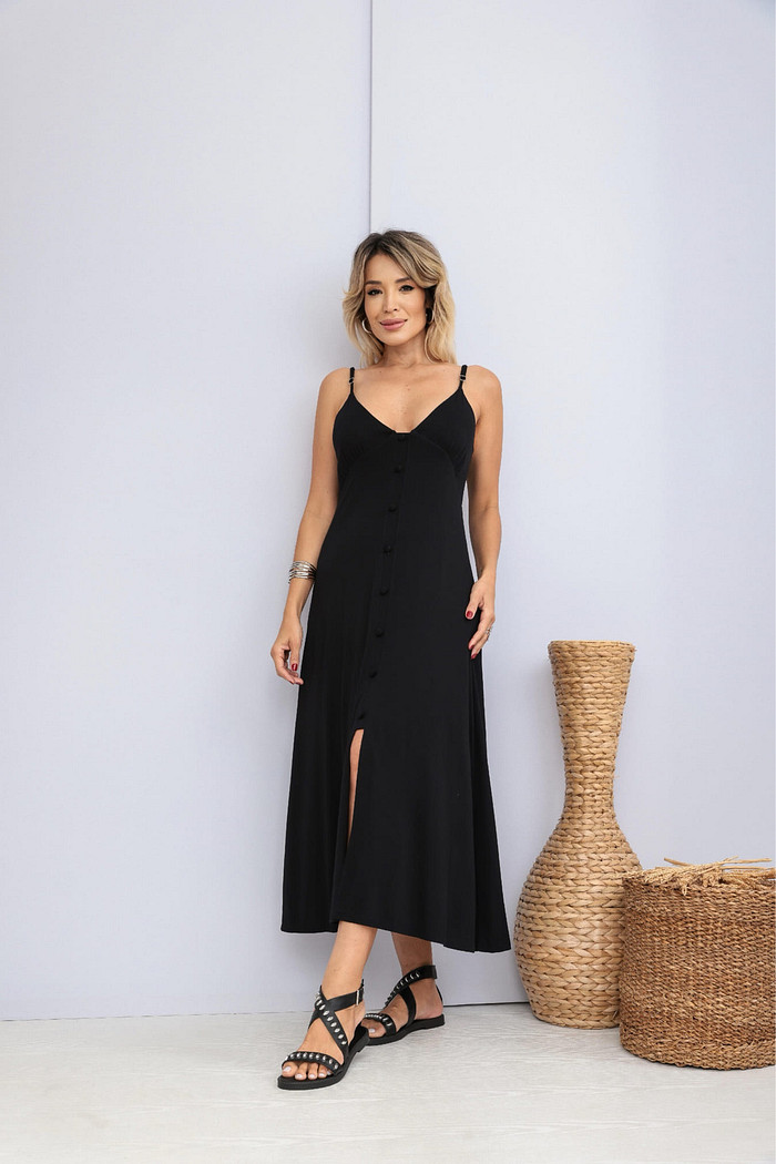 Vestido Kyara de Alças com Botão em Malha Vicenza Preto