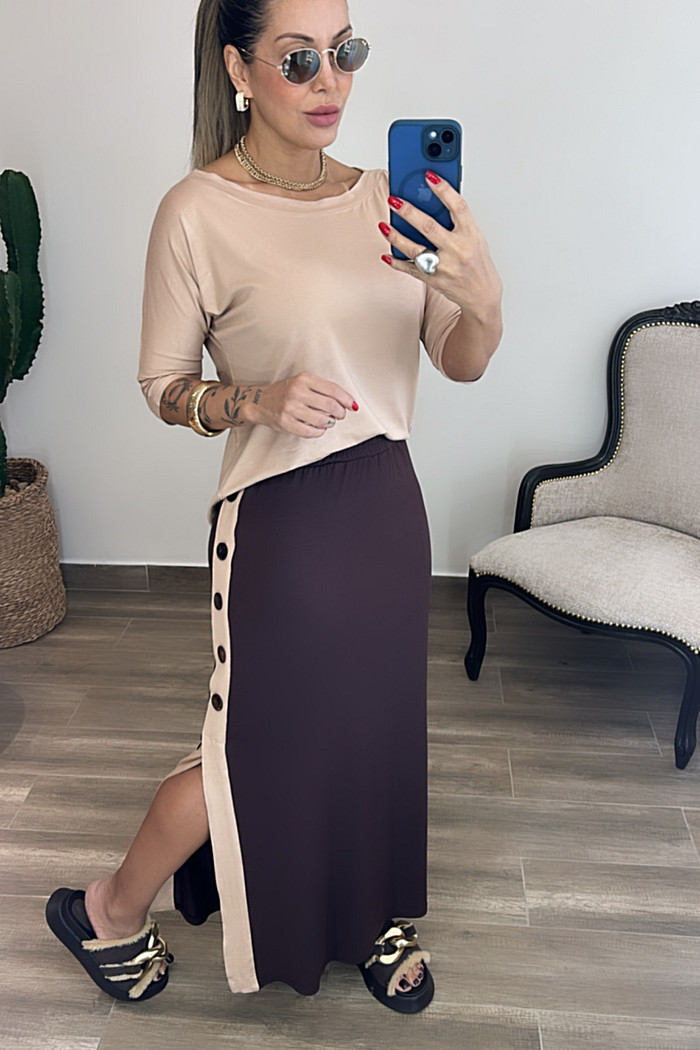 Conjunto De Saia Bicolor com Botões Esther Marrom com Moucha Mousse