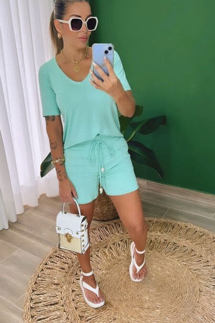 Conjunto de shorts com preguinhas Grace verde menta