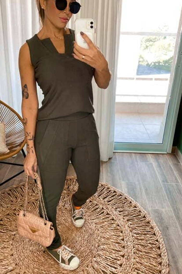 Conjunto Malha Canelada Skinny Renata Verde Militar