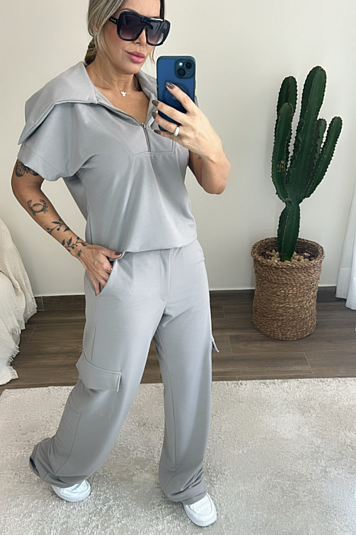 Conjunto Lídia com ziper midsize em moletinho Cinza