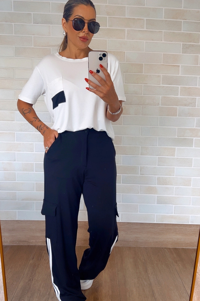 Conjunto com t Shirts e Pantalona Bicolor Maria  Preto/Off