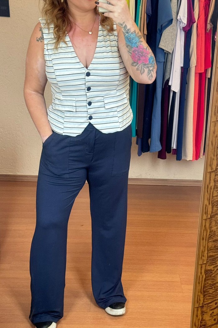 Conjunto de Malha Algodão com Moletinho Listrado Kate Azul Marinho