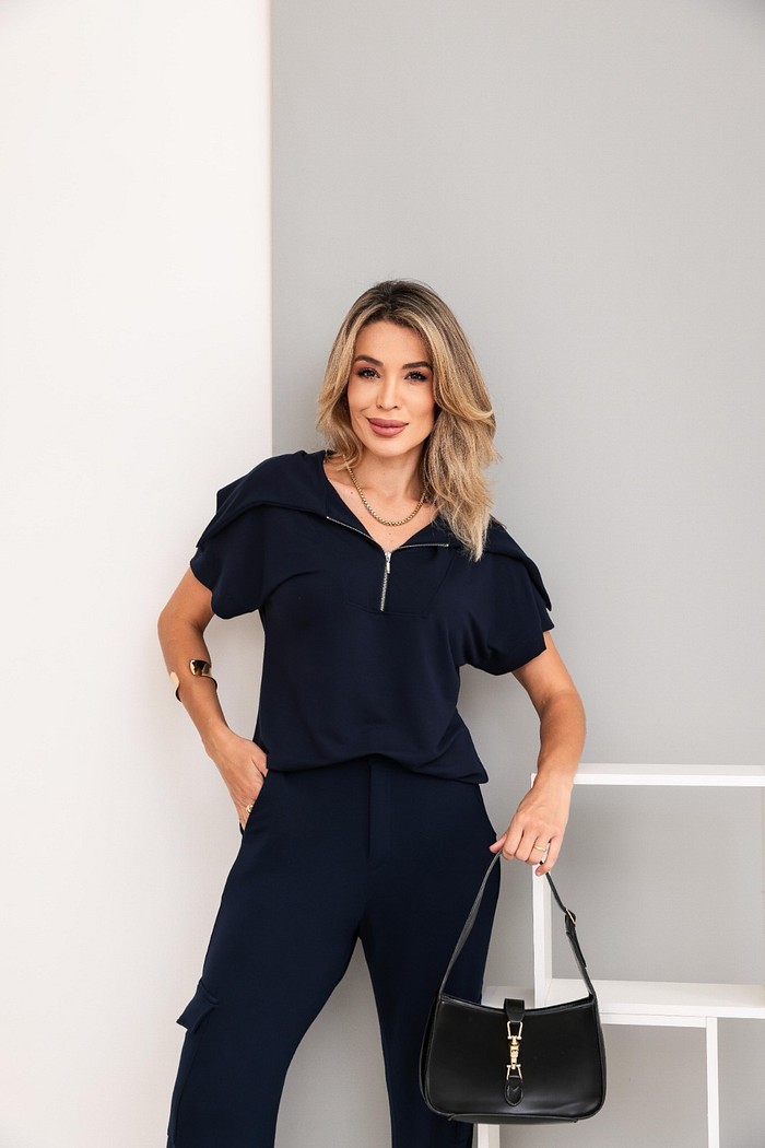 Conjunto Lídia com ziper midsize em moletinho Azul Marinho
