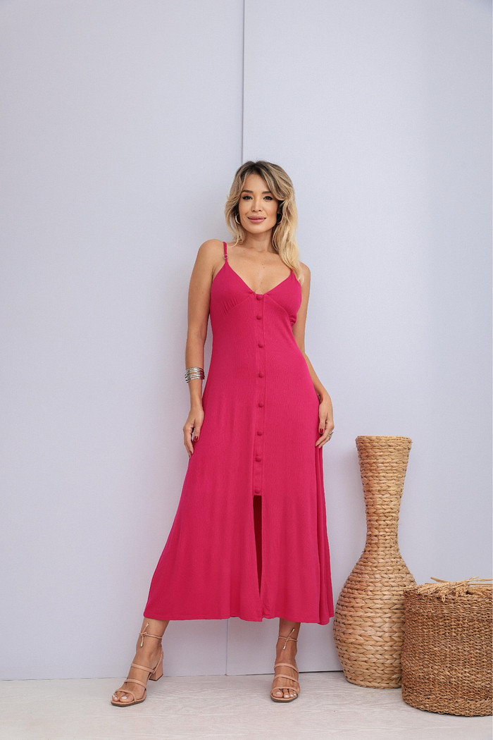 Vestido Kyara de Alças com Botão em Malha Vicenza Pink Verão