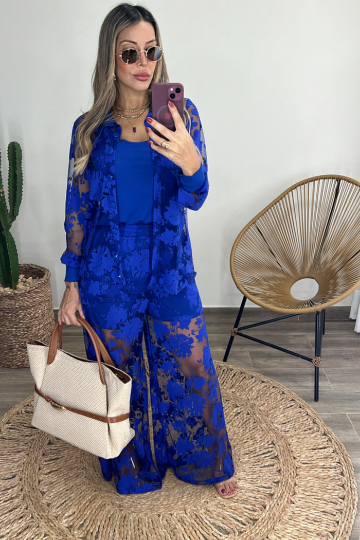 Conjunto de renda com malha vicenza Francesca Azul Royal