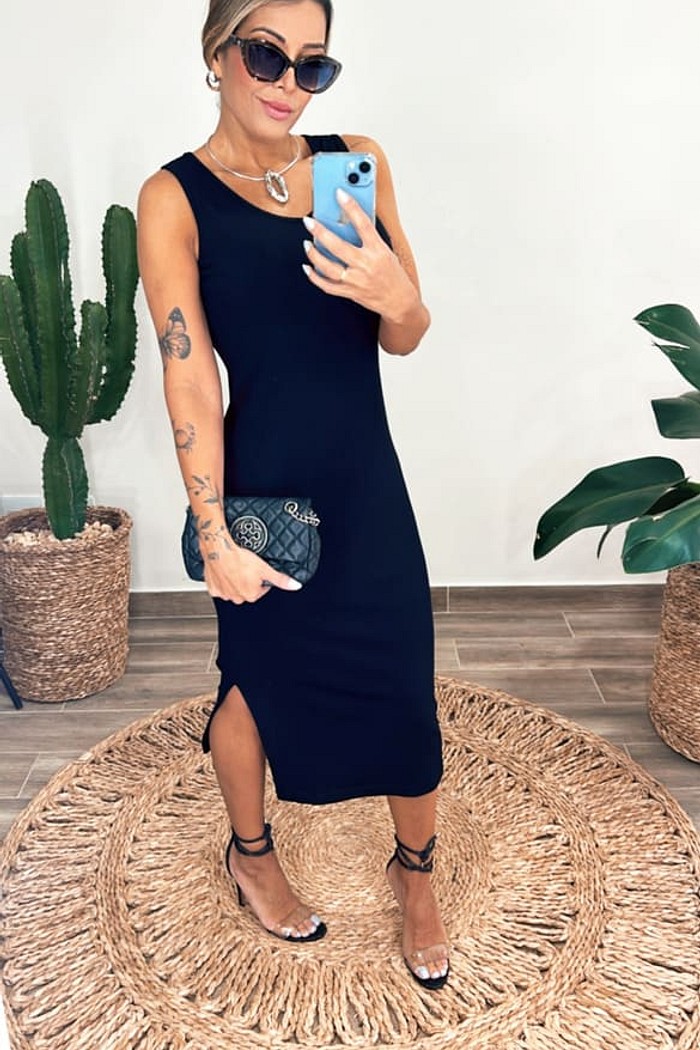 Vestido malha canelada preto Agatha