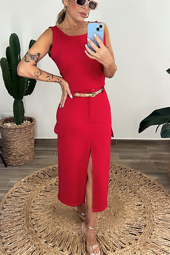 Conjunto de saia midi em ponto Roma Ivete vermelho
