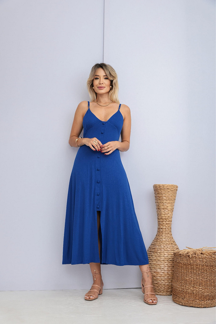 Vestido Kyara de Alças com Botão em Malha Vicenza Azul Royal