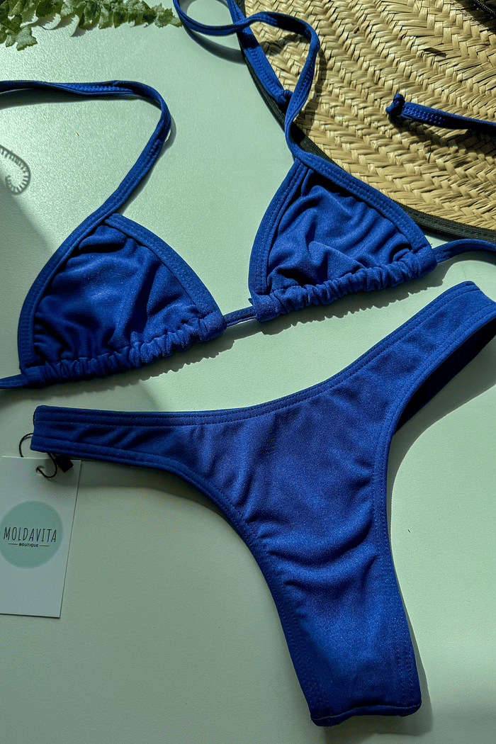 Biquíni Asa Delta Cortininha Azul Calcinha Fio