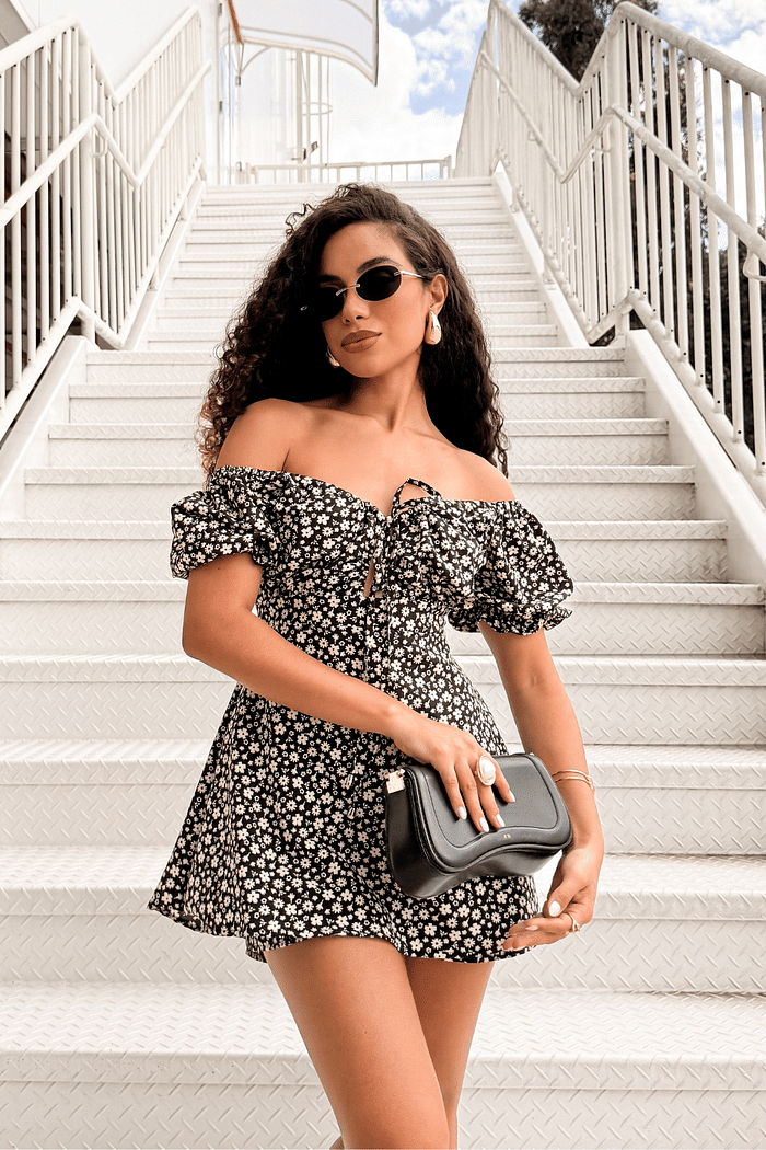 Macaquinho dress estampa preto floral