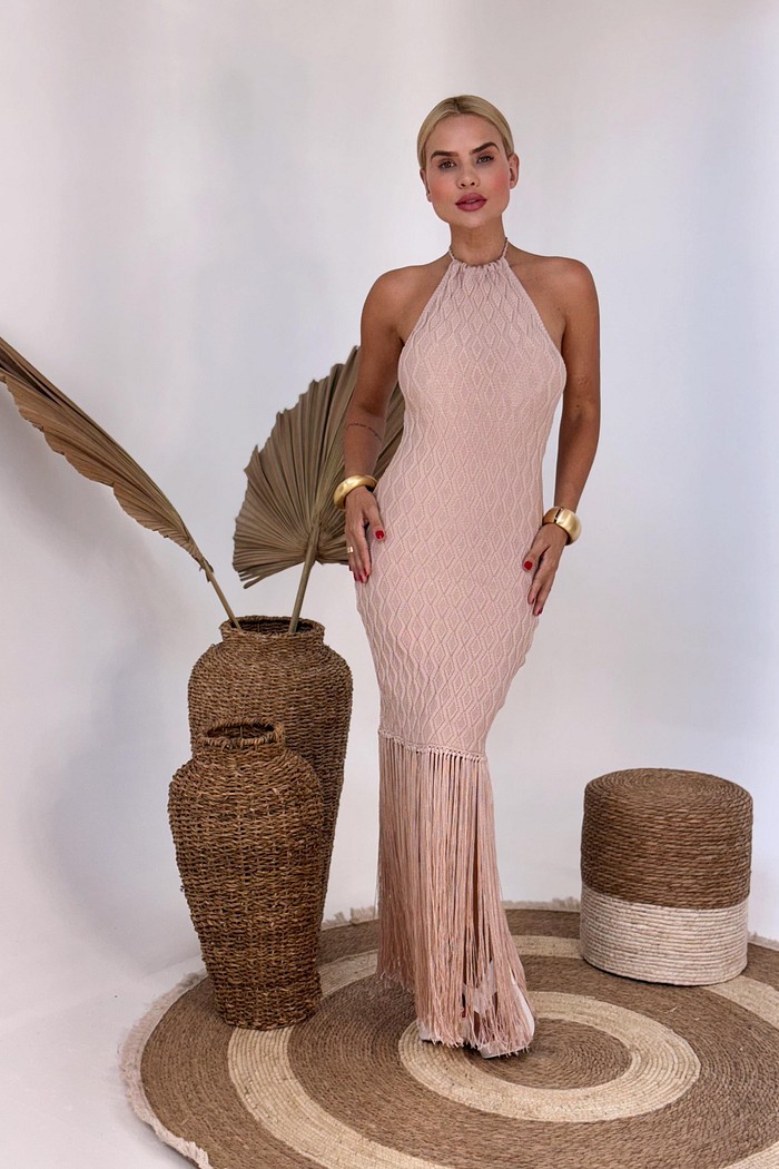 Vestido Costa Aberta Amarração no Pescoço e Franja Tricô - Rose