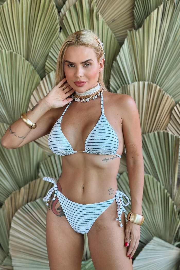 Cortininha com Calcinha Lacinho Fio Duplo Listras - Branco/Preto