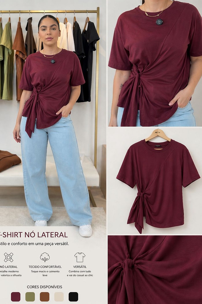 T-shirt Feminina Paloma Detalhe Transpassada Cor Marsala