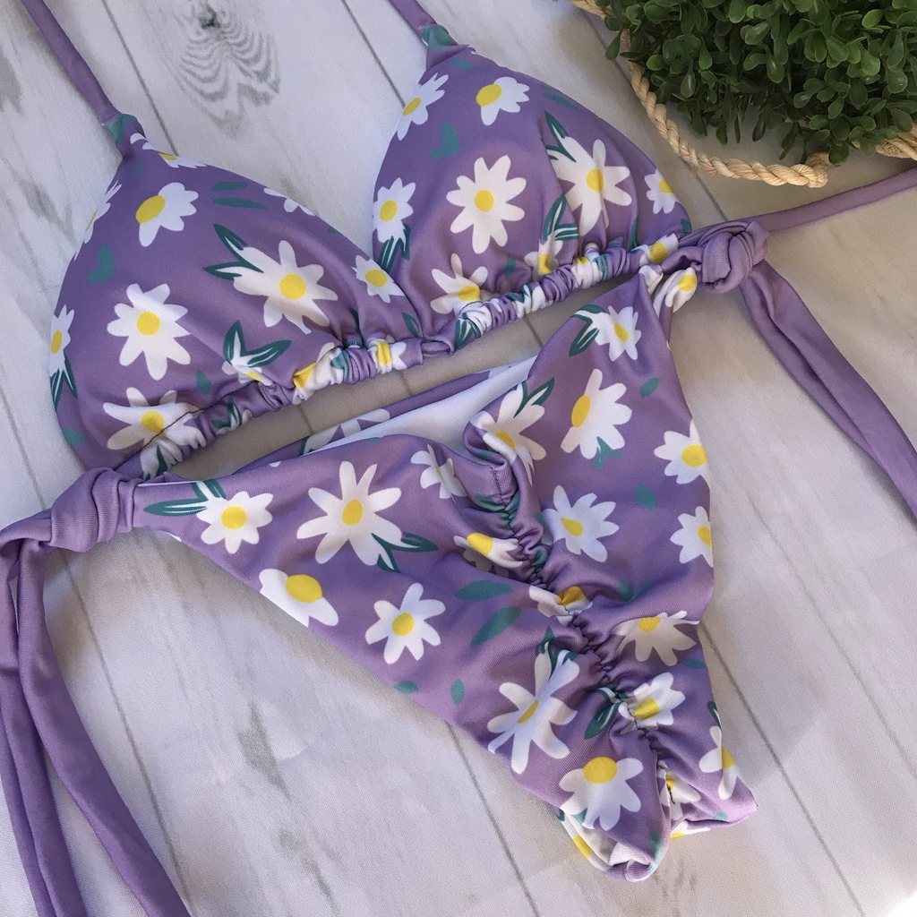 Biquíni Cortininha e Empina Bumbum Floral Lilás