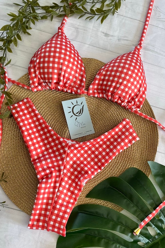 Biquíni Cortininha e Asa delta Xadrez Vermelho