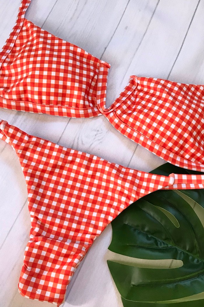 Biquíni Aro V e Calcinha Fita Xadrez Vermelho